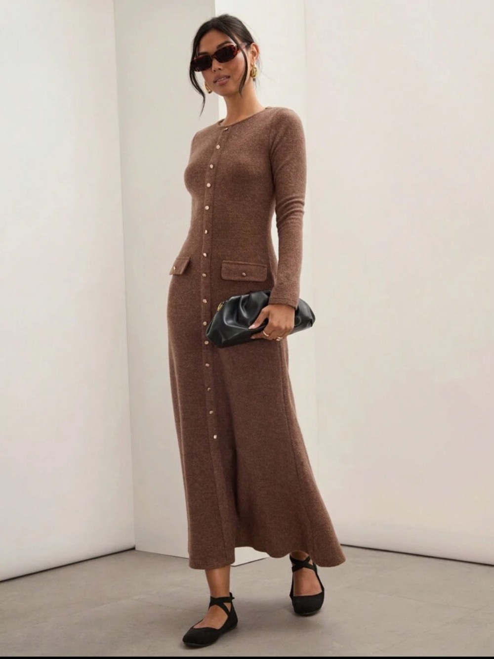 SHEIN Brown Button-Front Knit Maxi Dress
